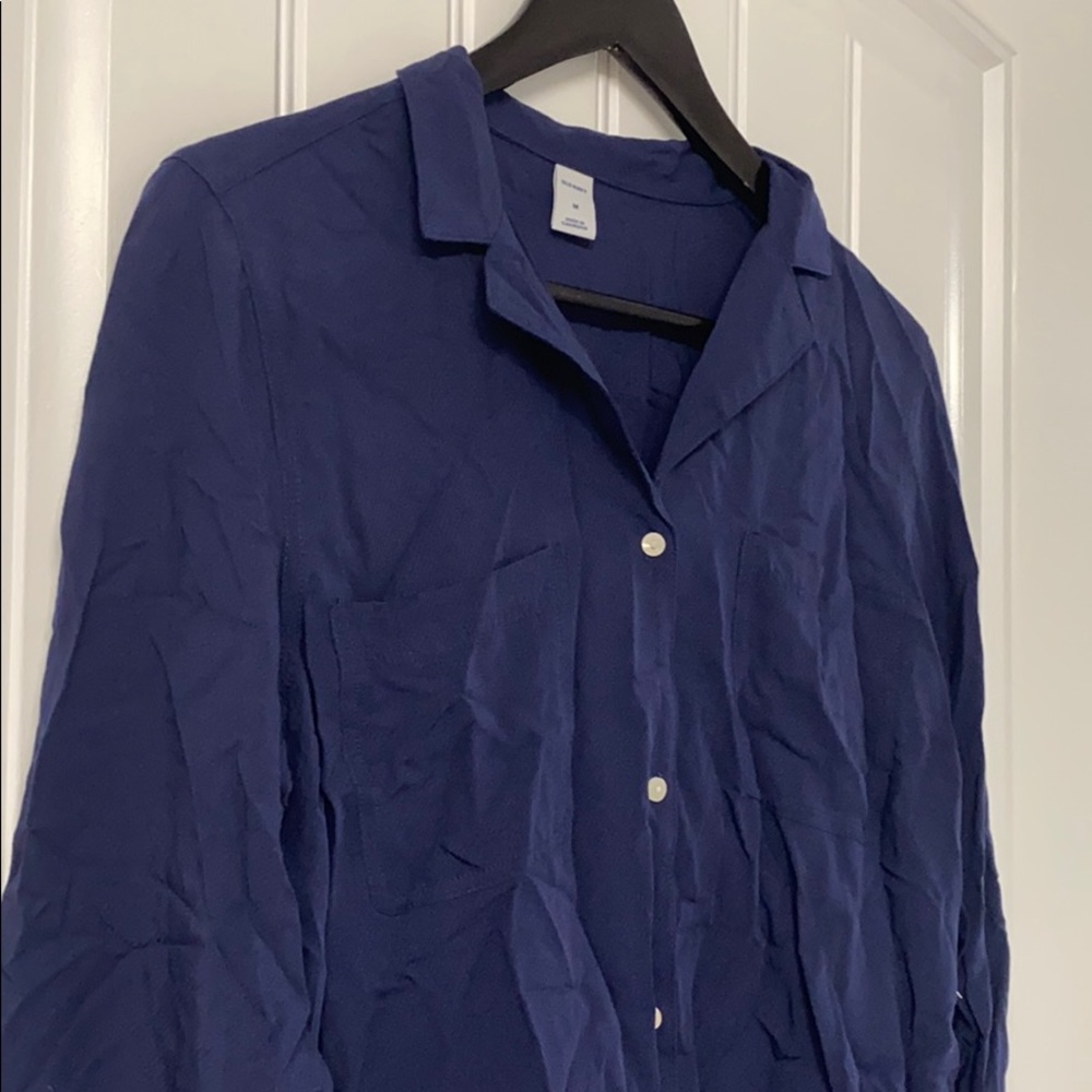 Navy Button Up LS Blouse